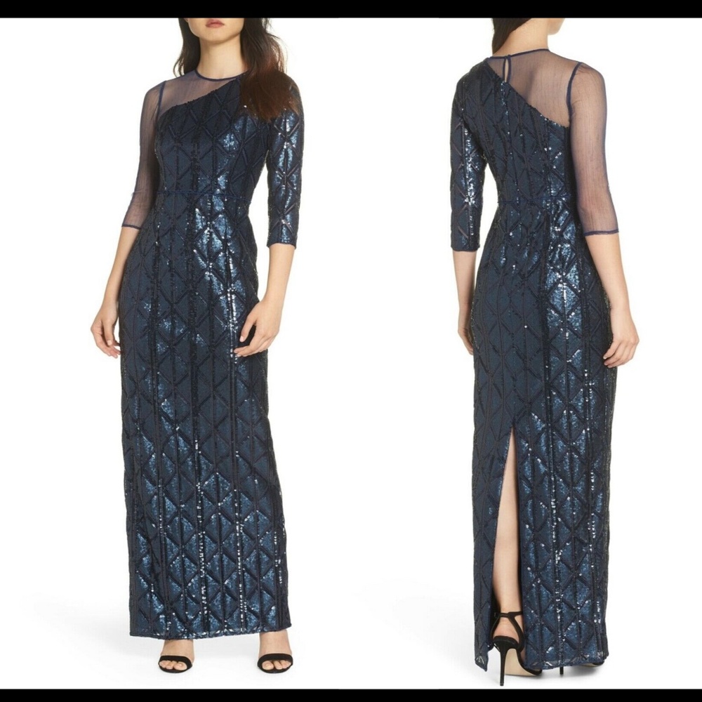 Adrianna Papell Sequin One Shoulder Embellished‎ Gown Midnight [SZ 4 ]